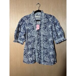 Lola Australia Blue White Floral Button Down Shirt Short Sleeve Made in USA